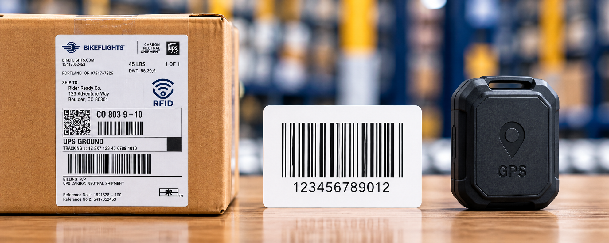 An RFID shipping label, a printed barcode label and a GPS tracker side by side