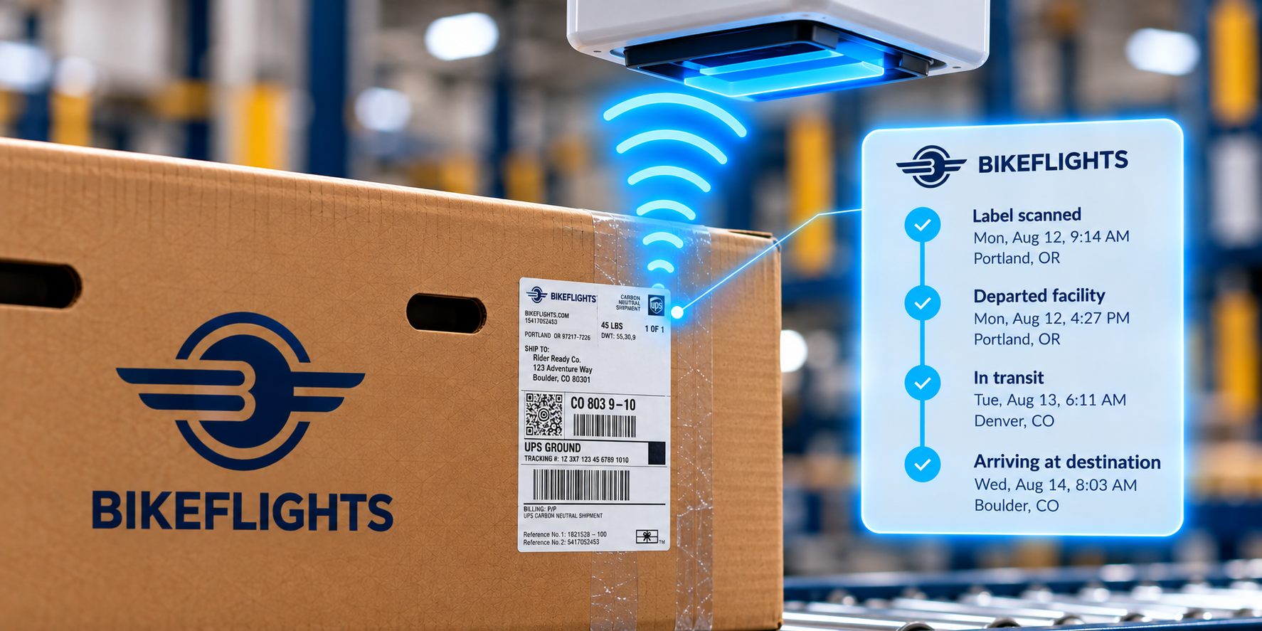 An RFID reader above a bike box’s shipping label, with a list of tracking updates beside it