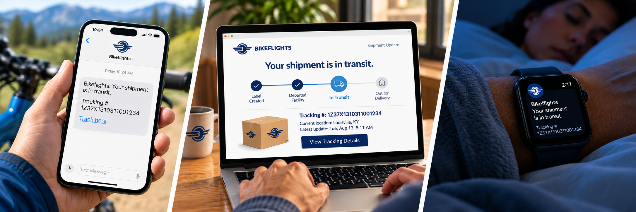 Shipment tracking updates shown on a phone, a laptop and a smartwatch